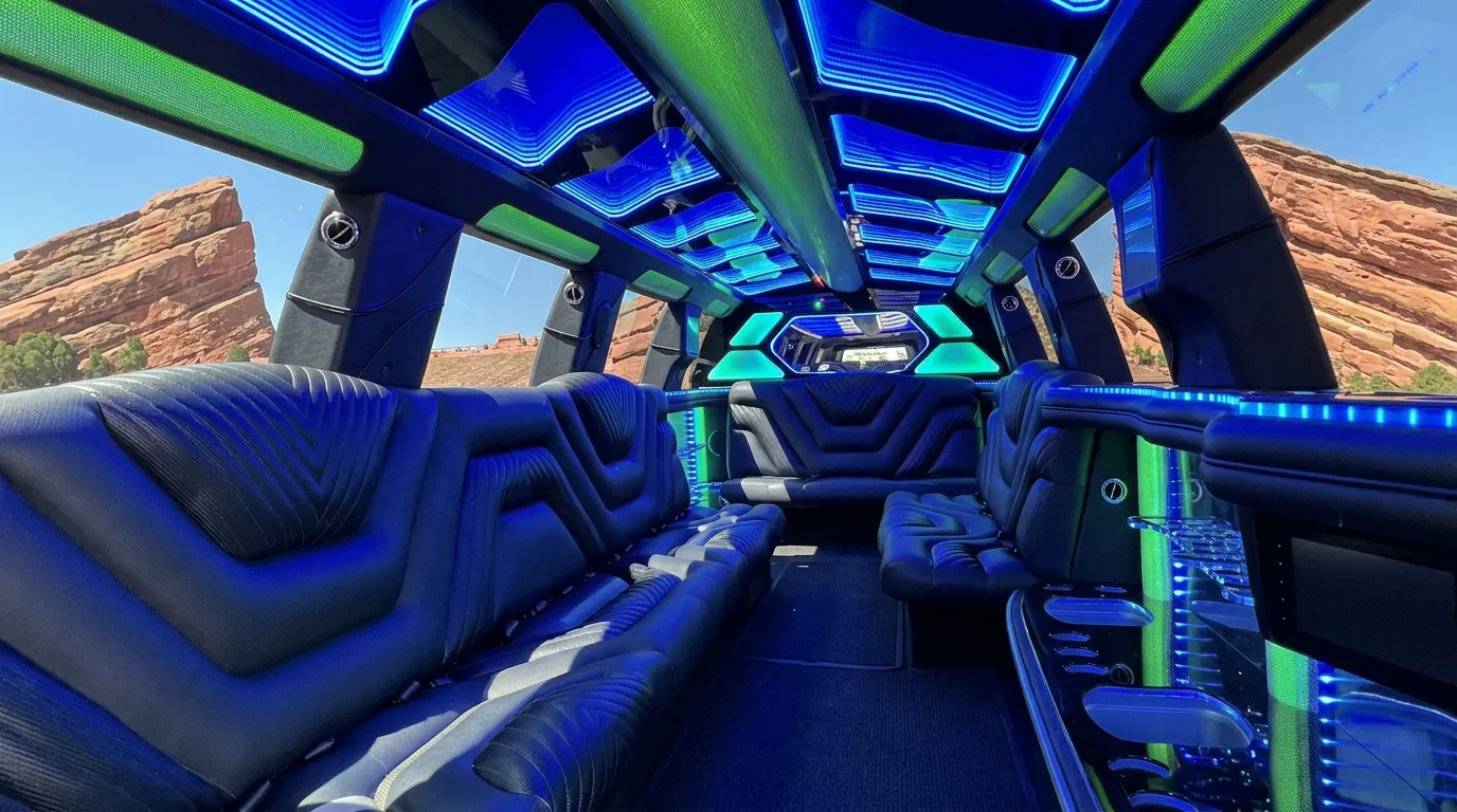 Inside the Chevy Suburban limo in The Denver: LED light-show ceiling, leather lounge seating and lit bar