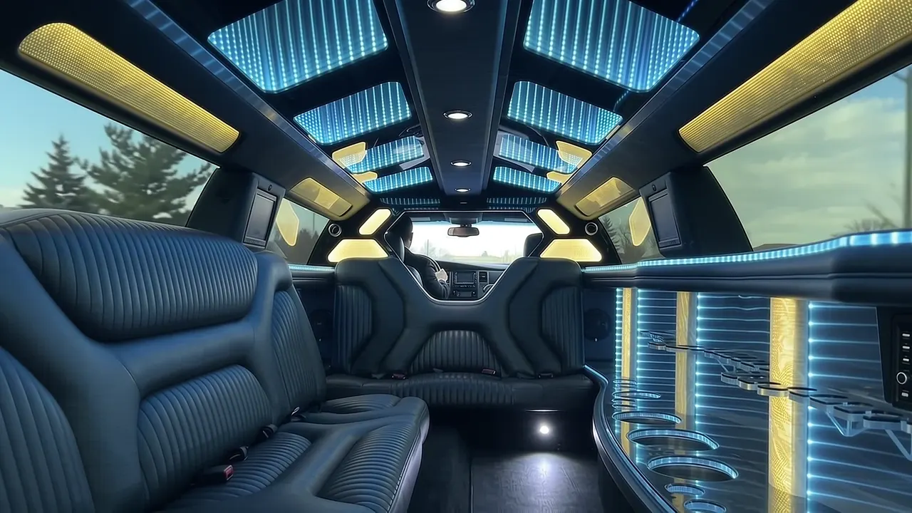 Inside the Dodge Charger limo in The Denver: LED light-show ceiling, leather lounge seating and lit bar