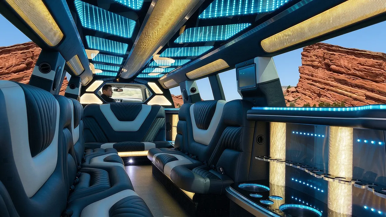 Inside the Mercedes GLS limo in The Denver: LED light-show ceiling, leather lounge seating and lit bar