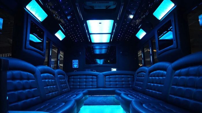 Wraparound seating and blue LED lights – Denver limo service